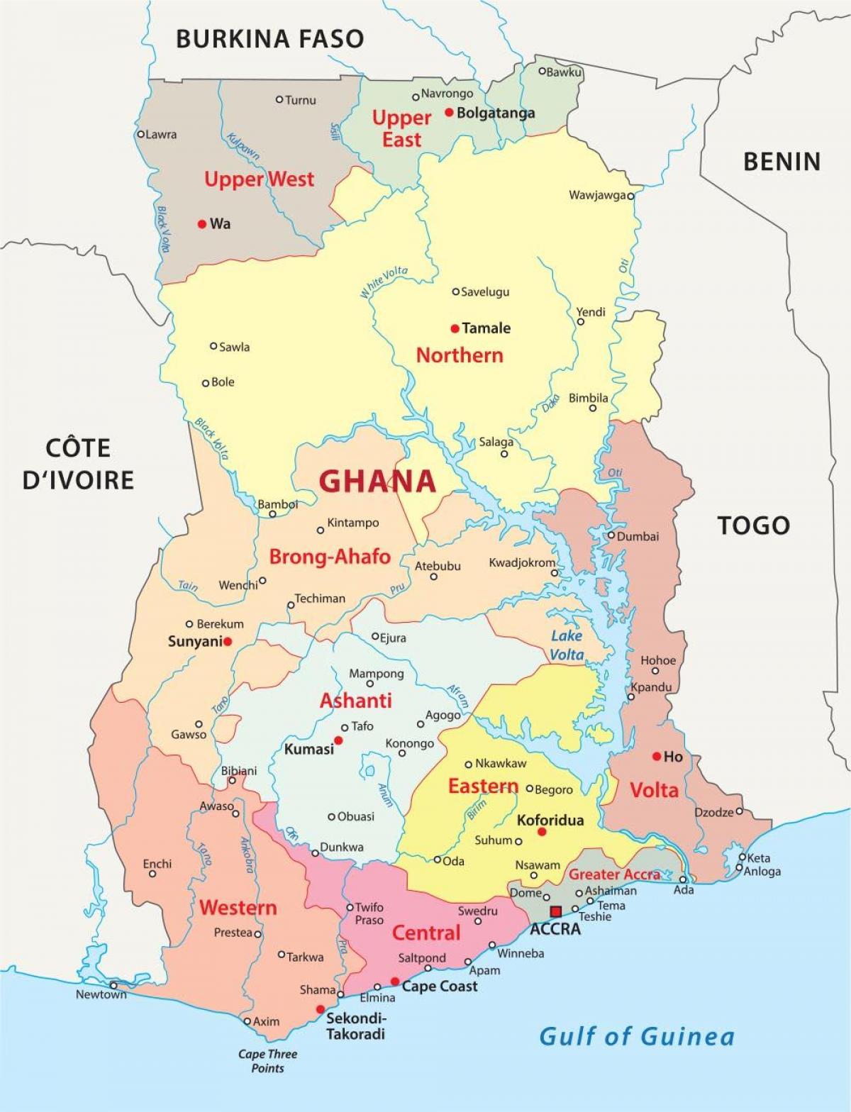 քարտեզ Գանայի ի ցույց տալով շրջանների